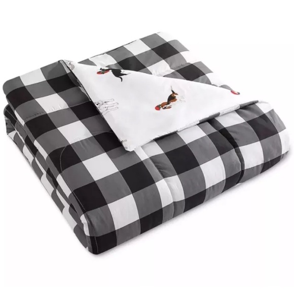 Queen Comforter 3PC Reversible Set Black Plaid One Side Christmas Dogs Other New - Picture 3 of 6